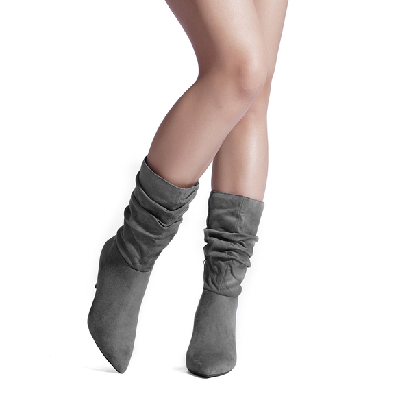Mid-Calf Pointed Toe High Heel Boots - LIGHT GREY SUEDE - 2